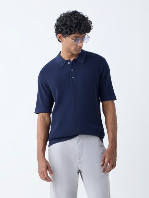 Ascot Navy Textured Relaxed-Fit Cotton-Blend Polo T-Shirt
