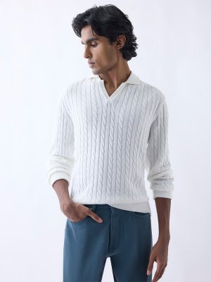 Ascot White Cable-Knit Relaxed-Fit Sweater