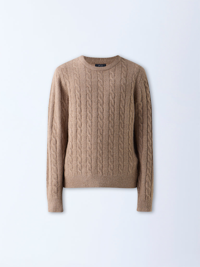 WES Casuals Taupe Cable-Knit Relaxed-Fit Sweater - Image 6