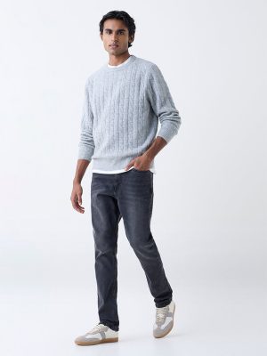 WES Casuals Light Grey Cable-Knit Relaxed-Fit Sweater