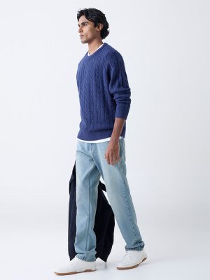 WES Casuals Navy Cable-Knit Relaxed-Fit Sweater