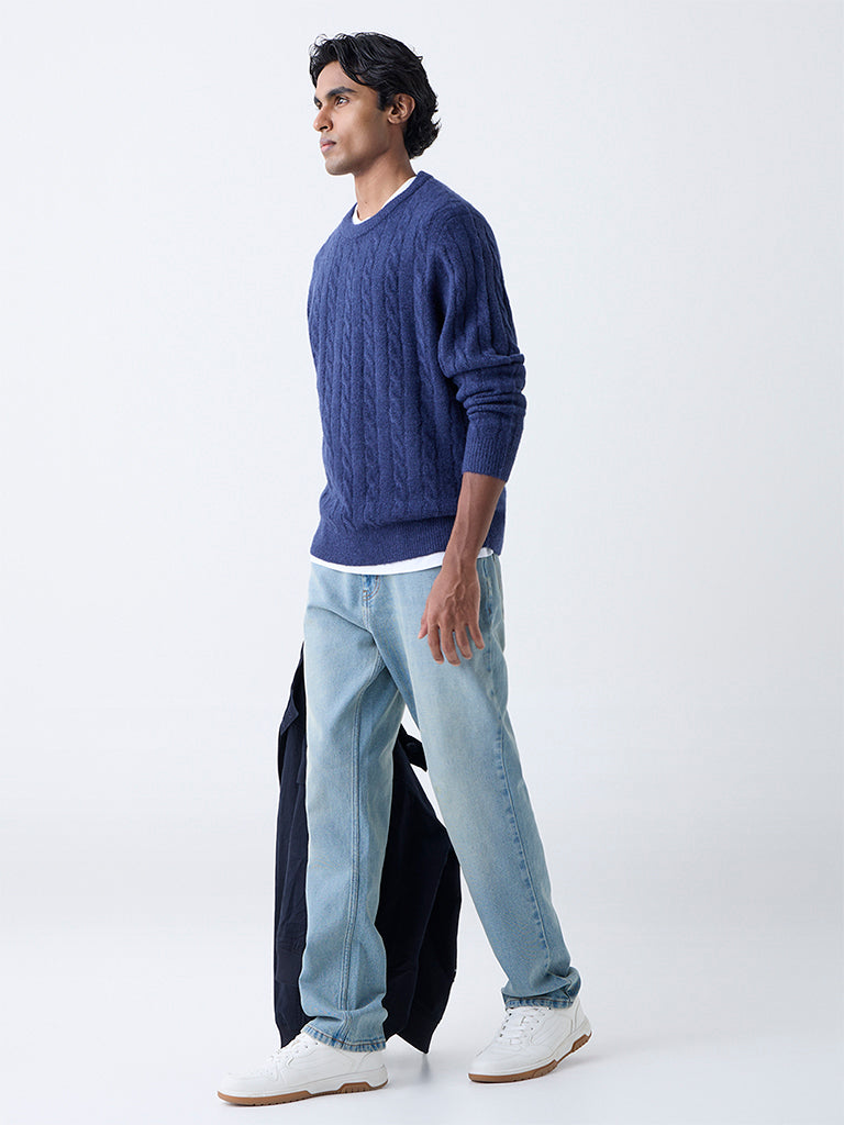 WES Casuals Navy Cable-Knit Relaxed-Fit Sweater