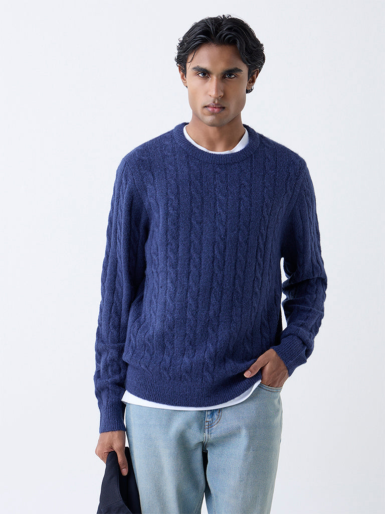 WES Casuals Navy Cable-Knit Relaxed-Fit Sweater - Image 3