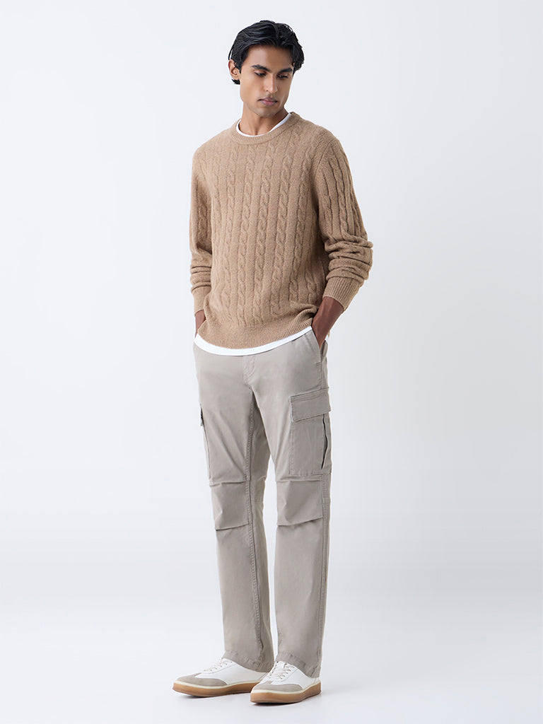 WES Casuals Taupe Cable-Knit Relaxed-Fit Sweater