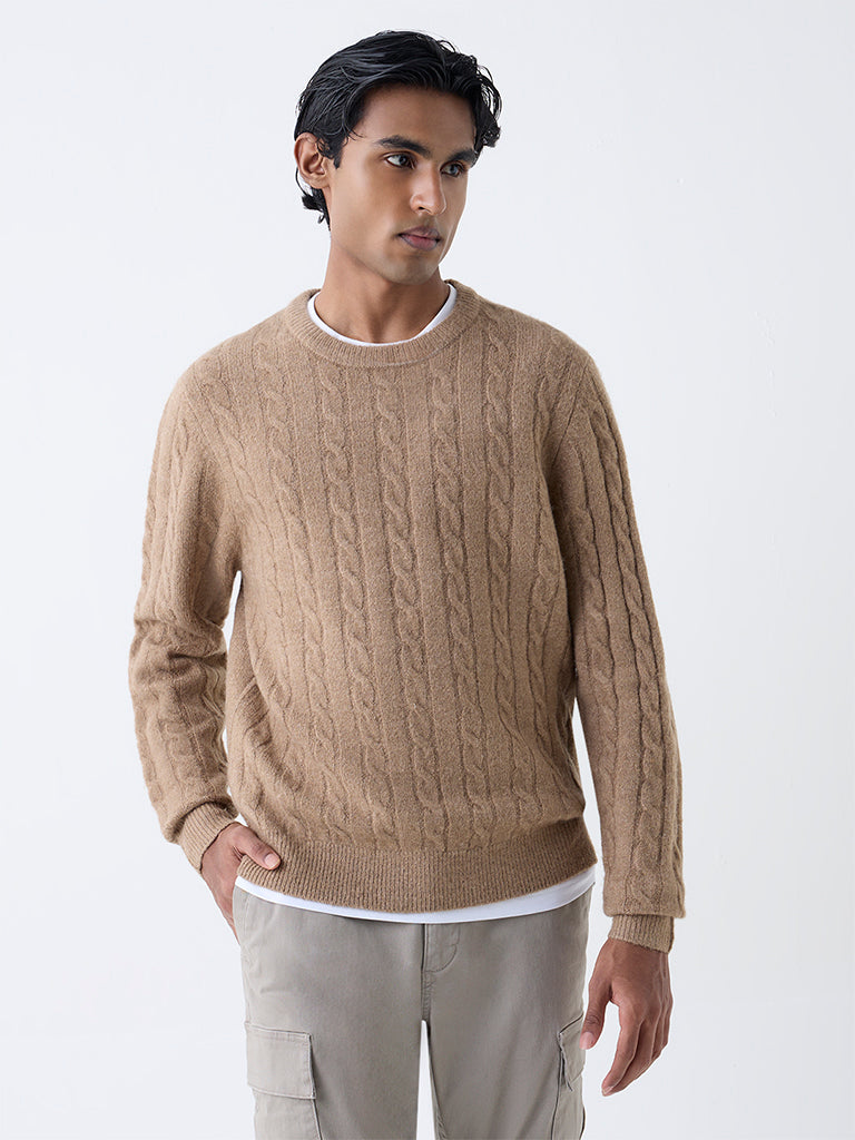 WES Casuals Taupe Cable-Knit Relaxed-Fit Sweater - Image 3