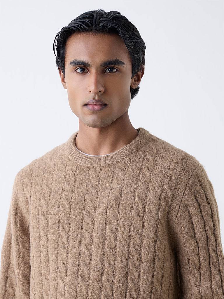 WES Casuals Taupe Cable-Knit Relaxed-Fit Sweater - Image 4