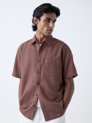 WES Casuals Brown Solid Relaxed-Fit Linen-Blend Shirt