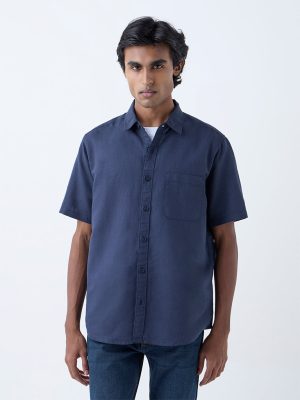 WES Casuals Navy Solid Relaxed-Fit Linen-Blend Shirt