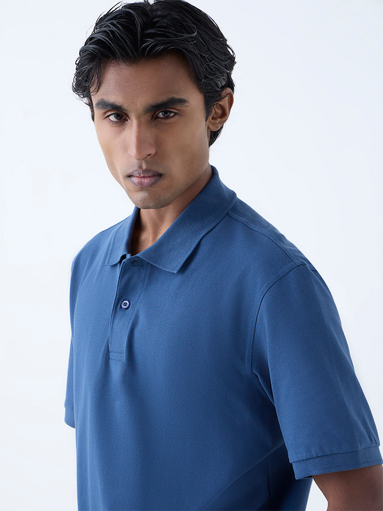 WES Casuals Indigo Relaxed-Fit Cotton-Blend Polo T-Shirt - Image 3