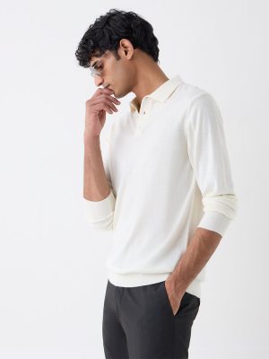 WES Formals Off-White Solid Relaxed-Fit Polo T-Shirt