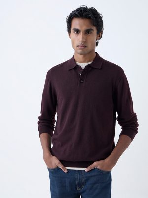 WES Formals Wine Knit-Textured Relaxed-Fit Sweater