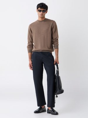 WES Formals Brown Solid Relaxed-Fit Sweater