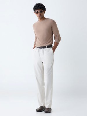 WES Formals Beige Knitted Slim-Fit Sweater