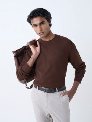WES Formals Dark Brown Slim-Fit Sweater