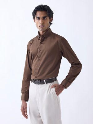 WES Formals Brown Slim-Fit Cotton-Blend Shirt