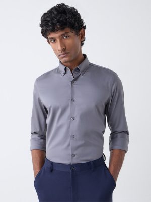 WES Formals Grey Solid Slim-Fit Cotton-Blend Shirt