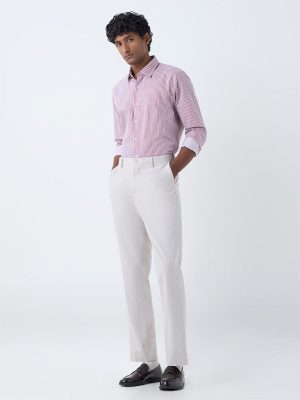 WES Formals Red Striped Slim Fit Cotton Shirt