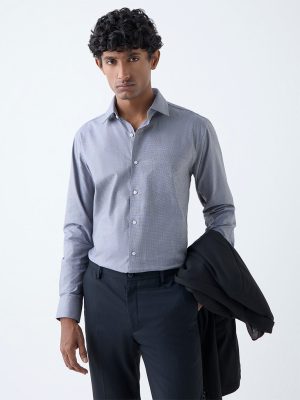 WES Formals Dark Grey Solid Slim-Fit Cotton Shirt