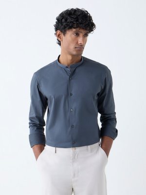 WES Formals Dark Grey Solid Ultra-Slim Fit Cotton-Blend Shirt