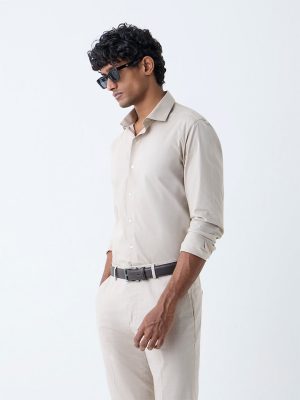 WES Formals Beige Solid Ultra-Slim Fit Cotton-Blend Shirt
