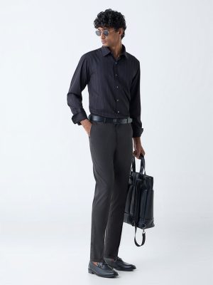 WES Formals Black Pinstriped Slim-Fit Shirt