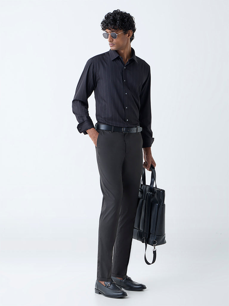 WES Formals Black Pinstriped Slim-Fit Shirt