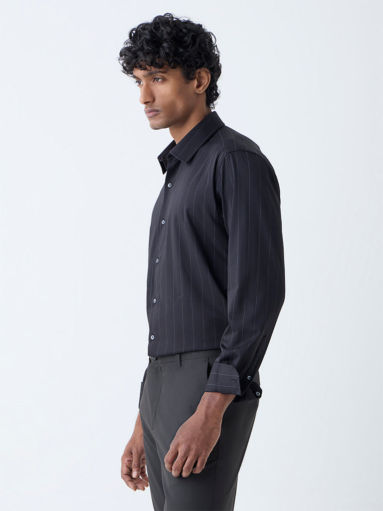 WES Formals Black Pinstriped Slim-Fit Shirt - Image 2