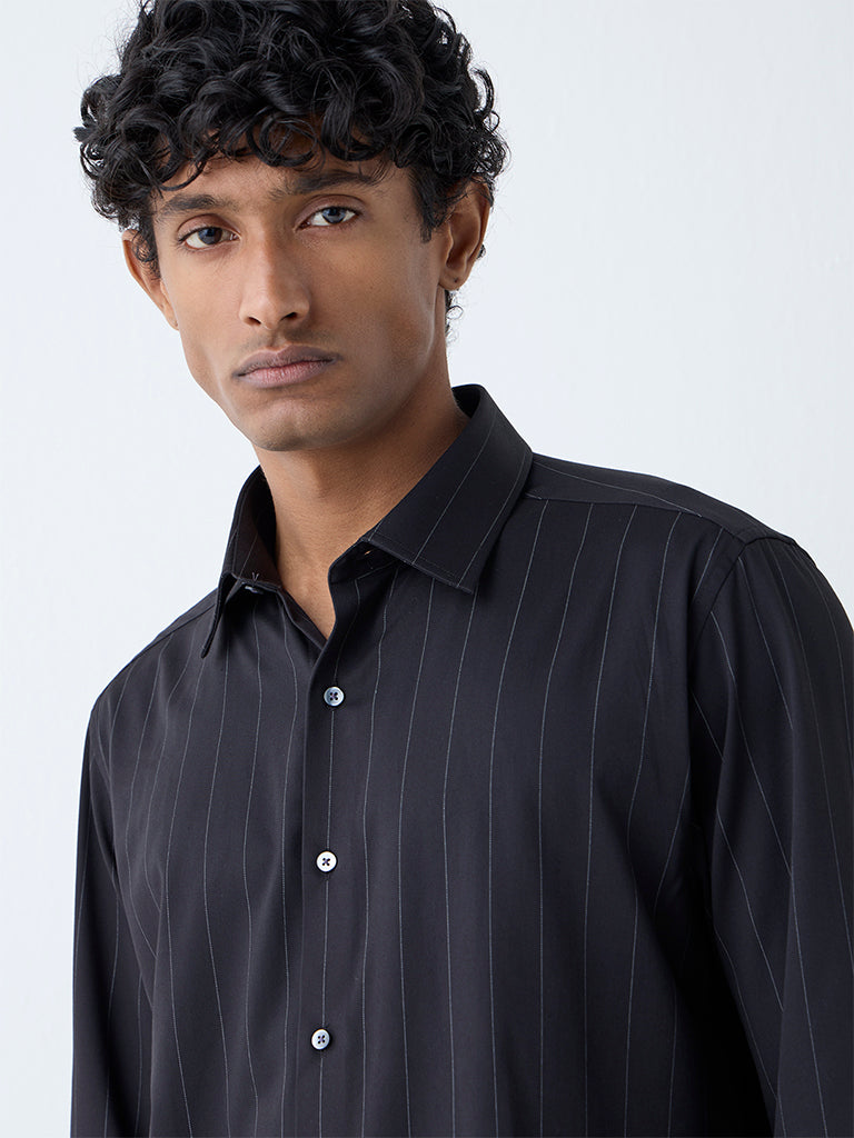 WES Formals Black Pinstriped Slim-Fit Shirt - Image 3