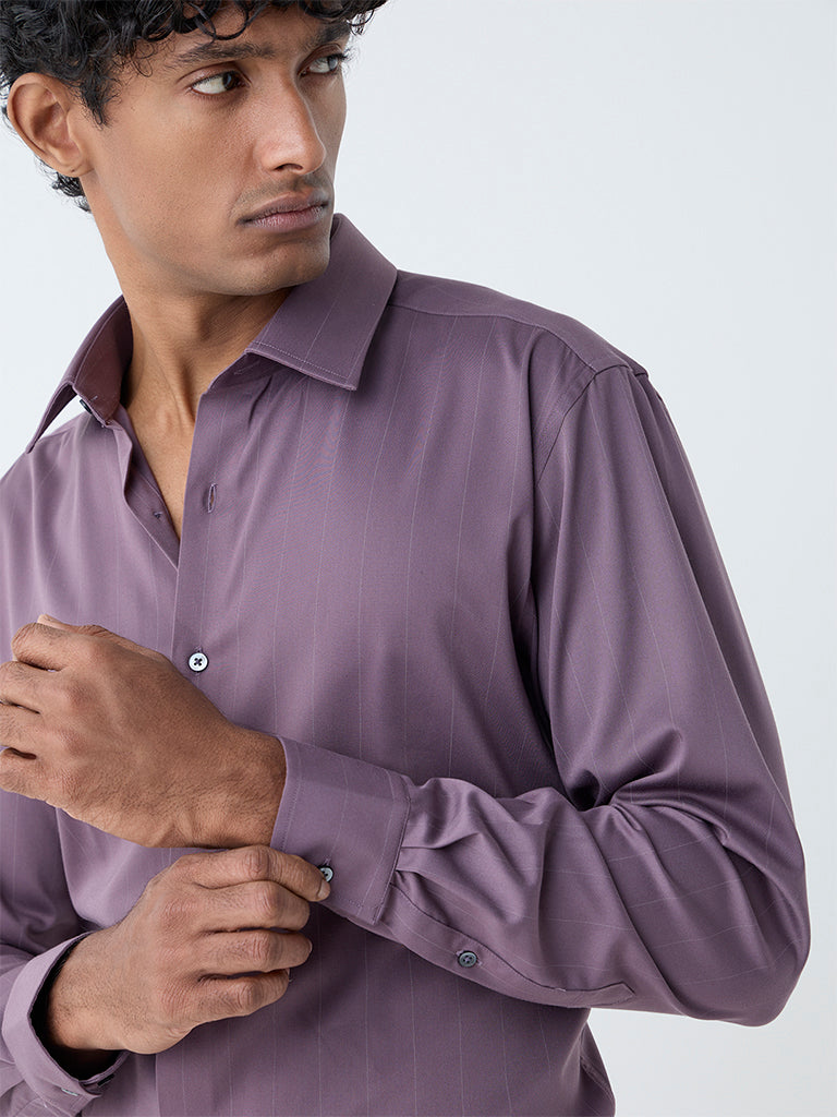 WES Formals Purple Pinstriped Slim-Fit Shirt - Image 3