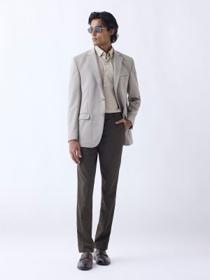 WES Formals Brown Ultra Slim-Fit Mid-Rise Trousers