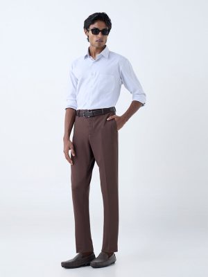 WES Formals Dark Brown Slim-Fit Mid-Rise Trousers
