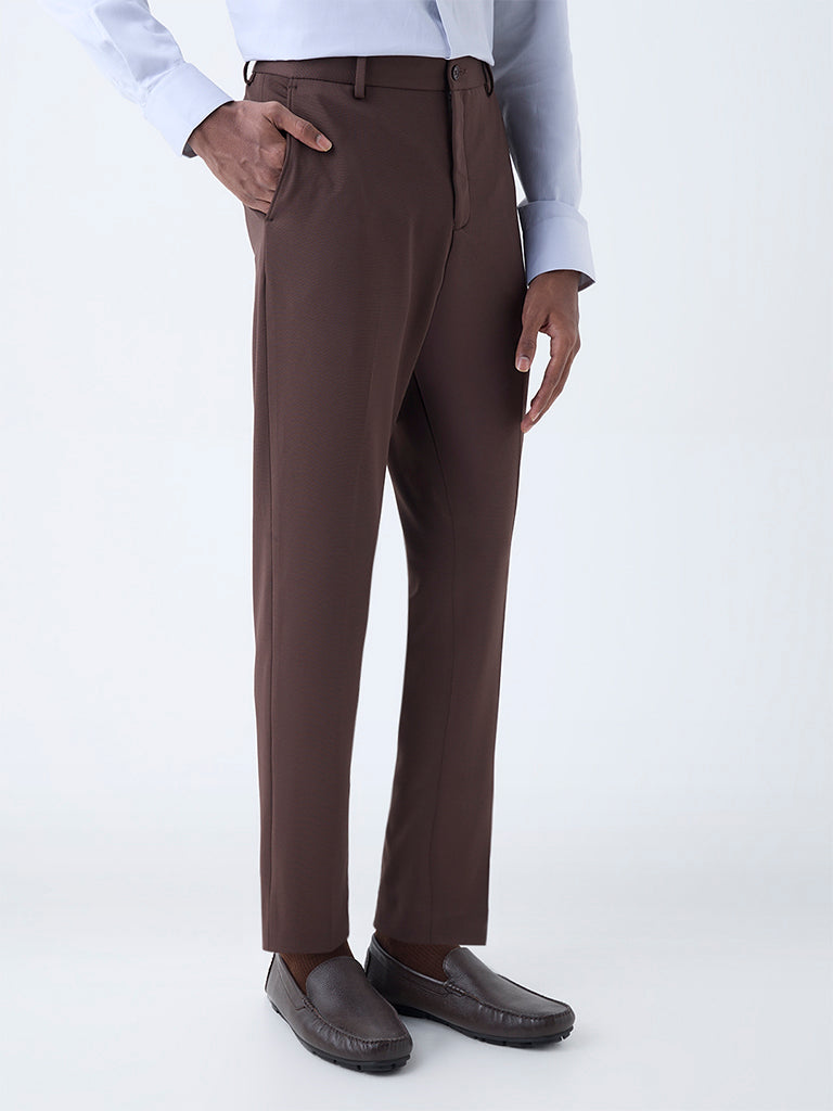 WES Formals Dark Brown Slim-Fit Mid-Rise Trousers - Image 3