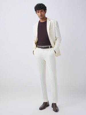 WES Formals Off-White Slim-Tapered Fit Mid-Rise Trousers
