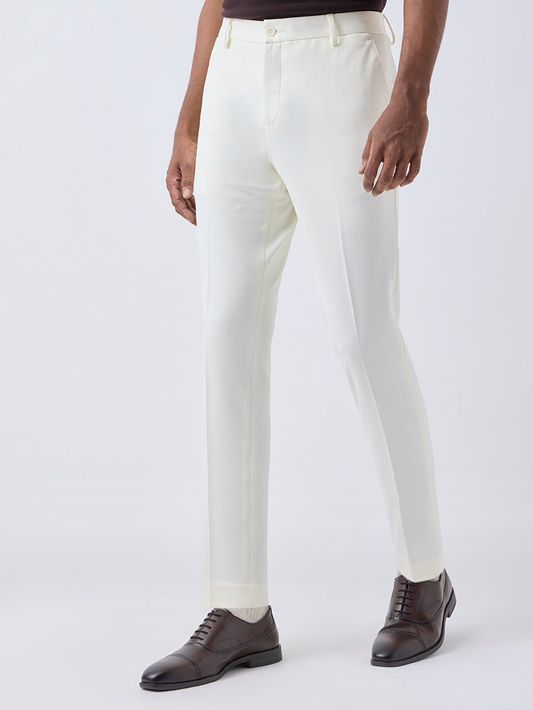 WES Formals Off-White Slim-Tapered Fit Mid-Rise Trousers - Image 3