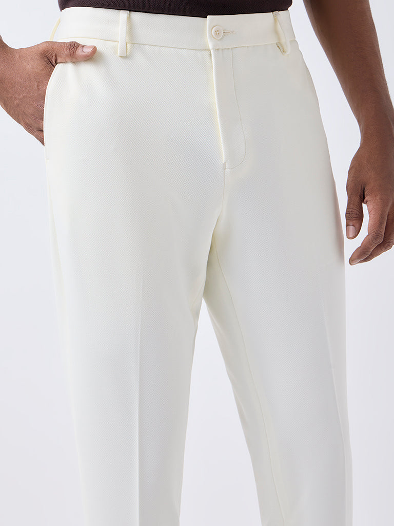 WES Formals Off-White Slim-Tapered Fit Mid-Rise Trousers - Image 4