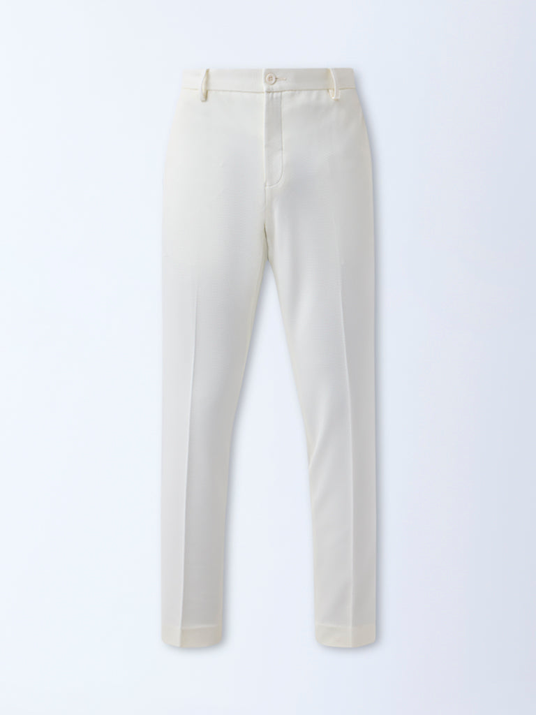 WES Formals Off-White Slim-Tapered Fit Mid-Rise Trousers - Image 6