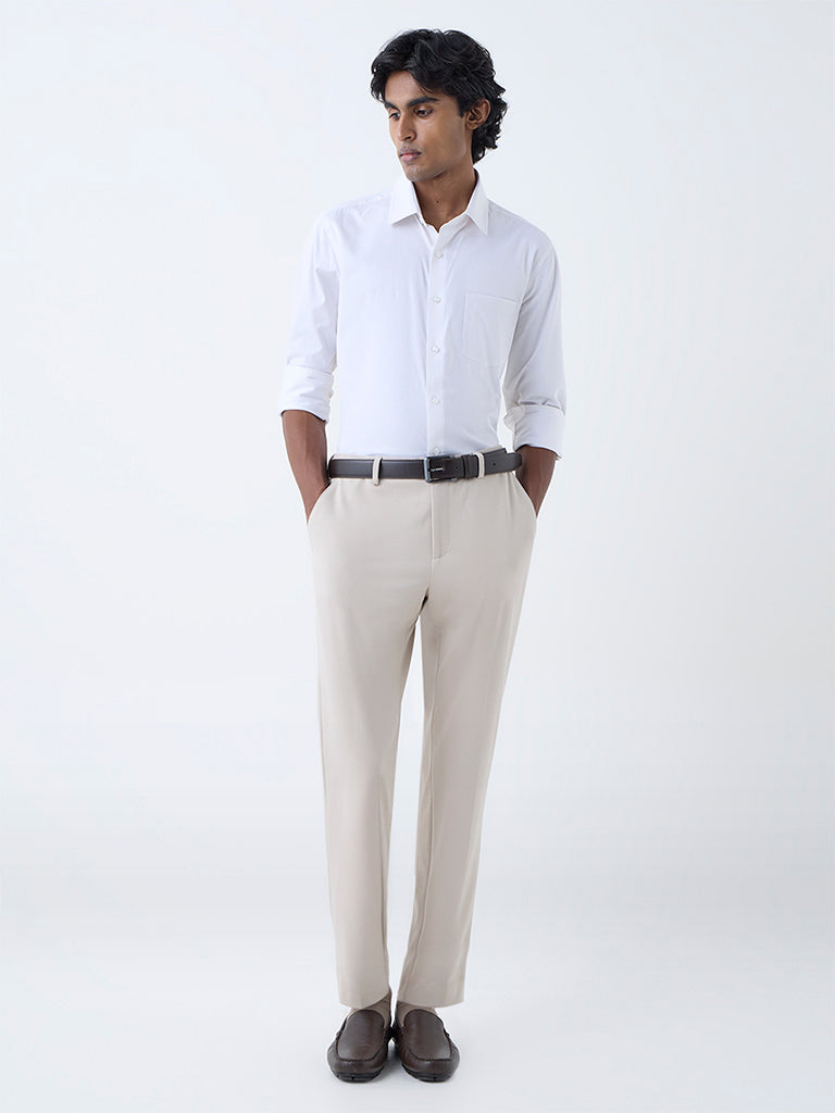 WES Formals Beige Solid Slim-Fit Mid-Rise Trousers