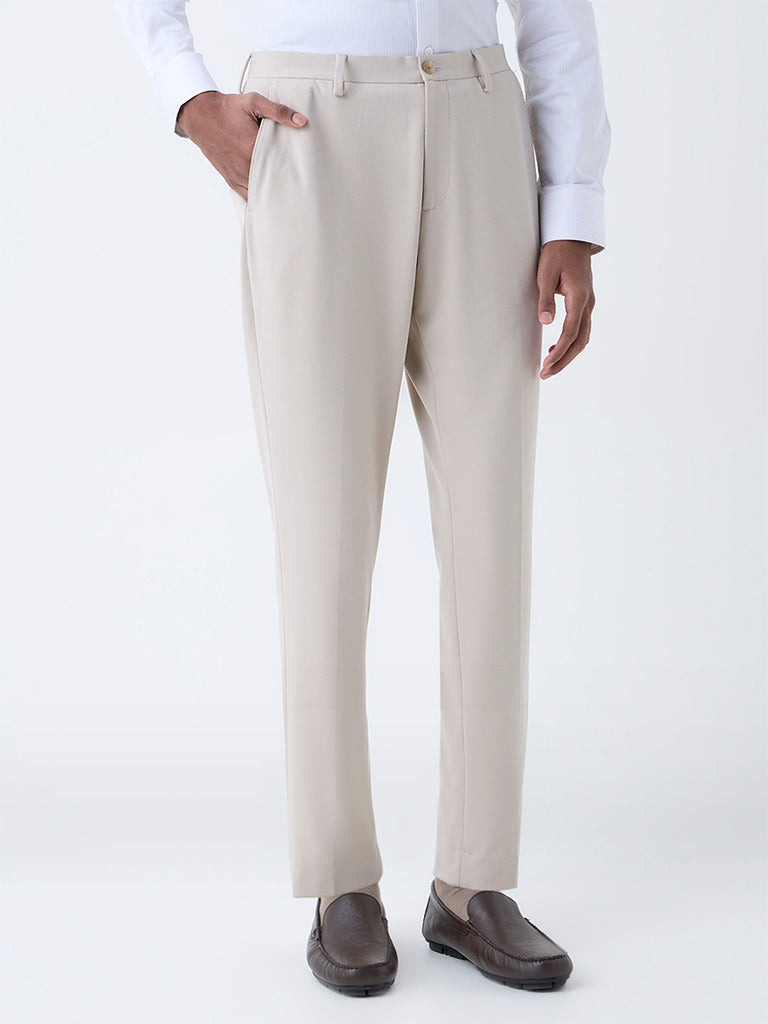 WES Formals Beige Solid Slim-Fit Mid-Rise Trousers - Image 2