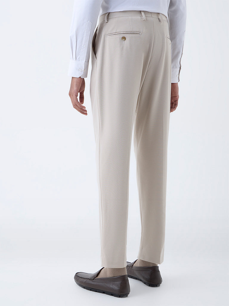 WES Formals Beige Solid Slim-Fit Mid-Rise Trousers - Image 4