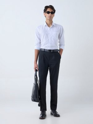 WES Formals Black Solid Relaxed-Fit Mid-Rise Trousers