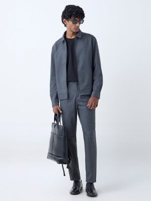 WES Formals Dark Grey Slim-Fit Mid-Rise Trousers