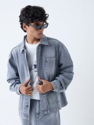 Nuon Grey Washed Boxy-Fit Denim Jacket