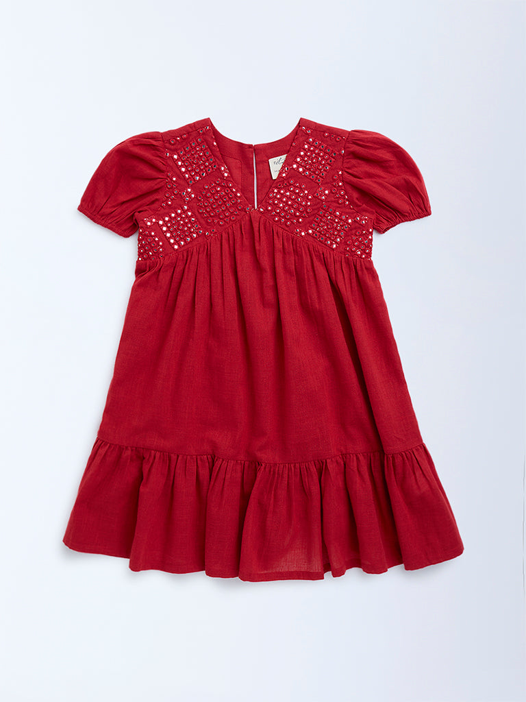 Utsa Kids Red Mirror-Work Detailed Cotton Tiered Dress - (2-8yrs) - Image 2