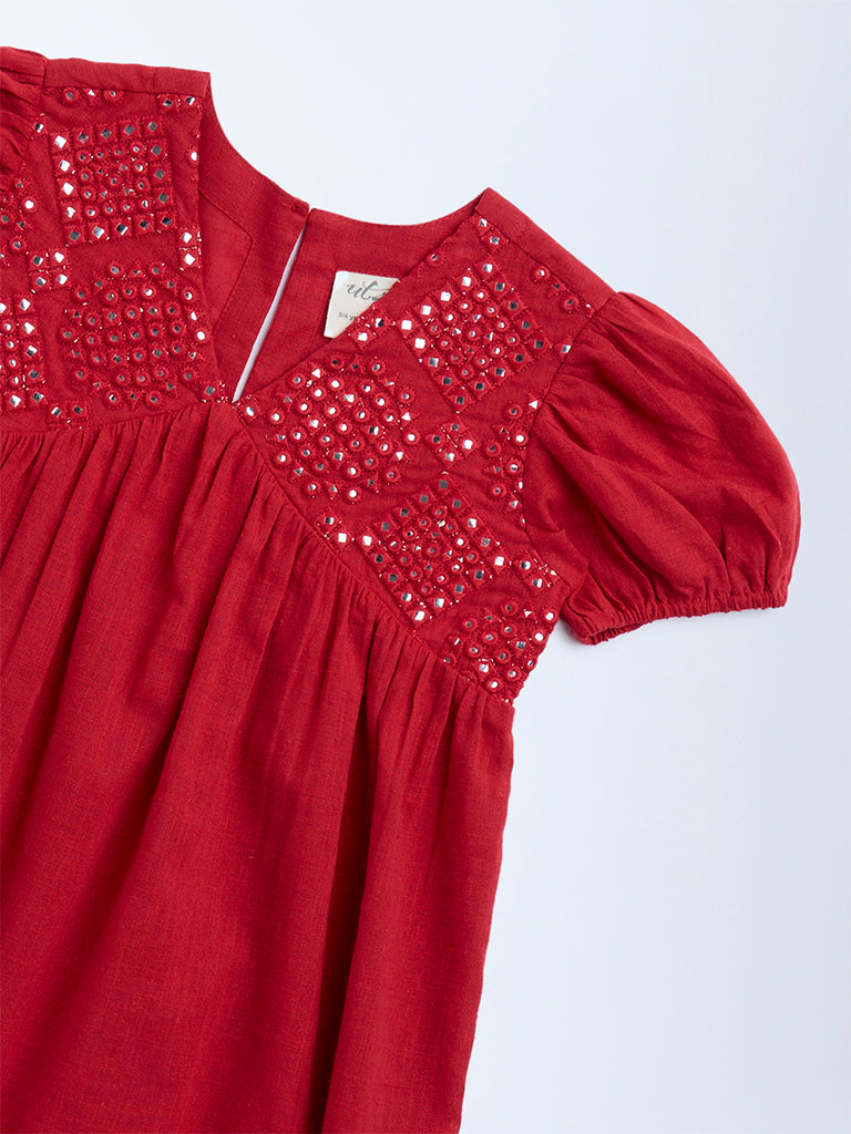 Utsa Kids Red Mirror-Work Detailed Cotton Tiered Dress - (2-8yrs) - Image 4