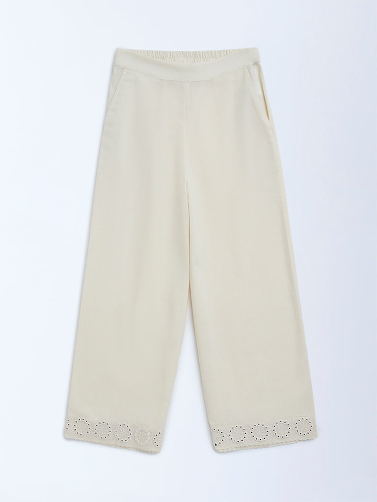 Utsa Kids Off-White Mirror Detailed Cotton Ethnic Pants - (8-14yrs)