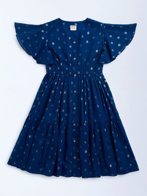 Utsa Kids Dark Blue Badla Pattern Fit-and-Flare Cotton-Blend Dress - (8-14yrs)