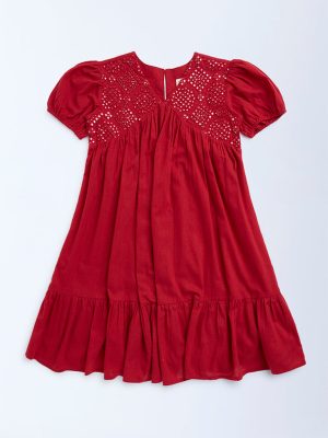 Utsa Kids Red Mirror-Work Detailed Cotton Tiered Dress - (8-14yrs)