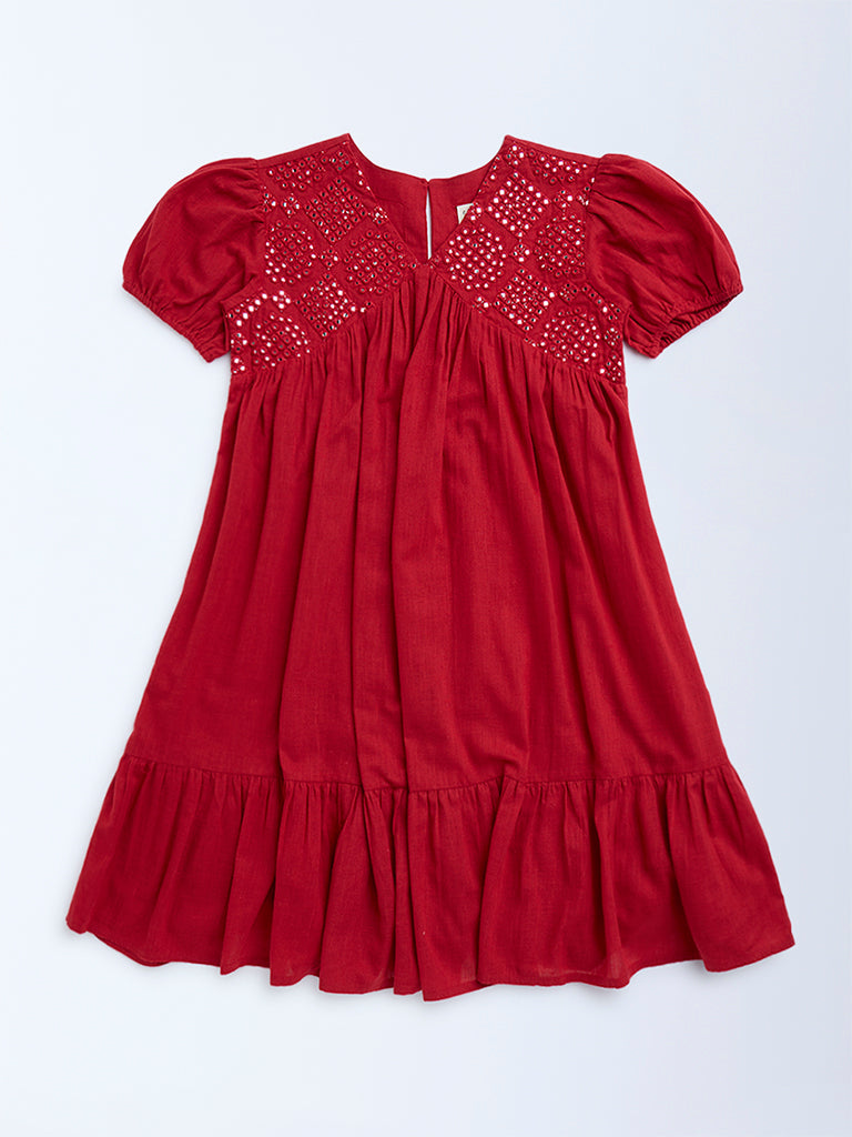 Utsa Kids Red Mirror-Work Detailed Cotton Tiered Dress - (8-14yrs)