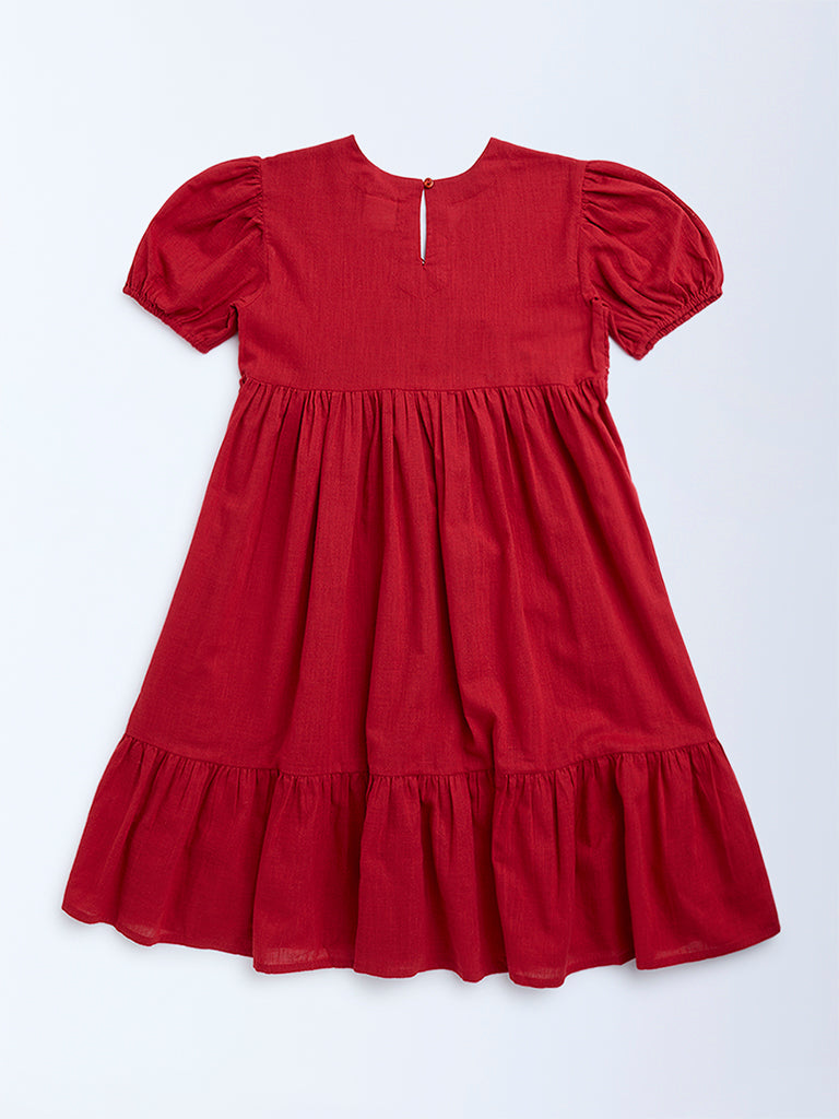 Utsa Kids Red Mirror-Work Detailed Cotton Tiered Dress - (8-14yrs) - Image 2