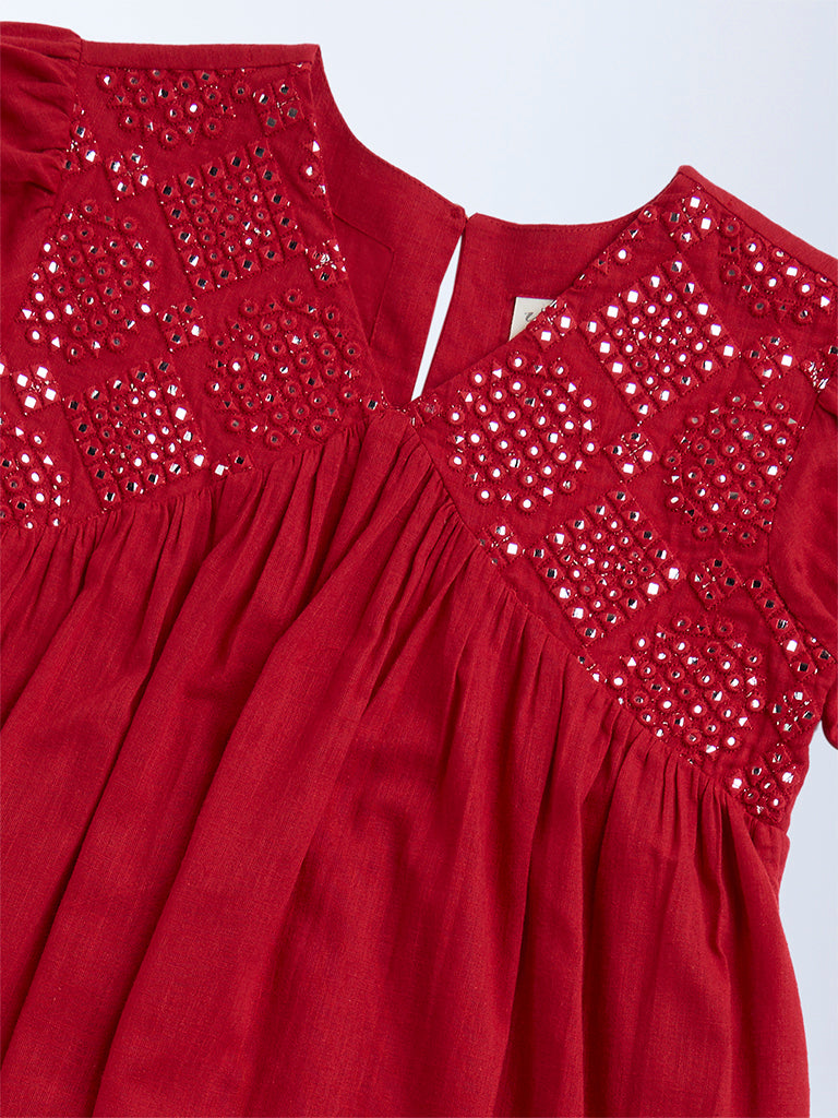 Utsa Kids Red Mirror-Work Detailed Cotton Tiered Dress - (8-14yrs) - Image 3